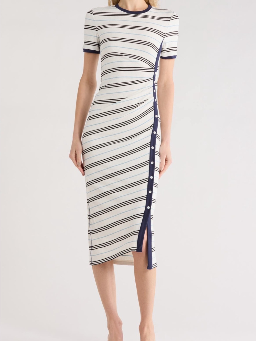 White and Navy Striped Short-Sleeve Midi Dress
